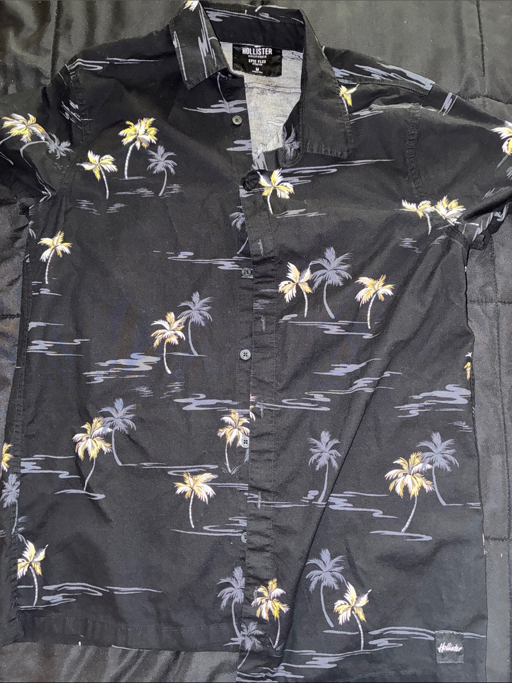 Hollister Black Short-Sleeve Palm Print Button-Down with Yellow Accents
